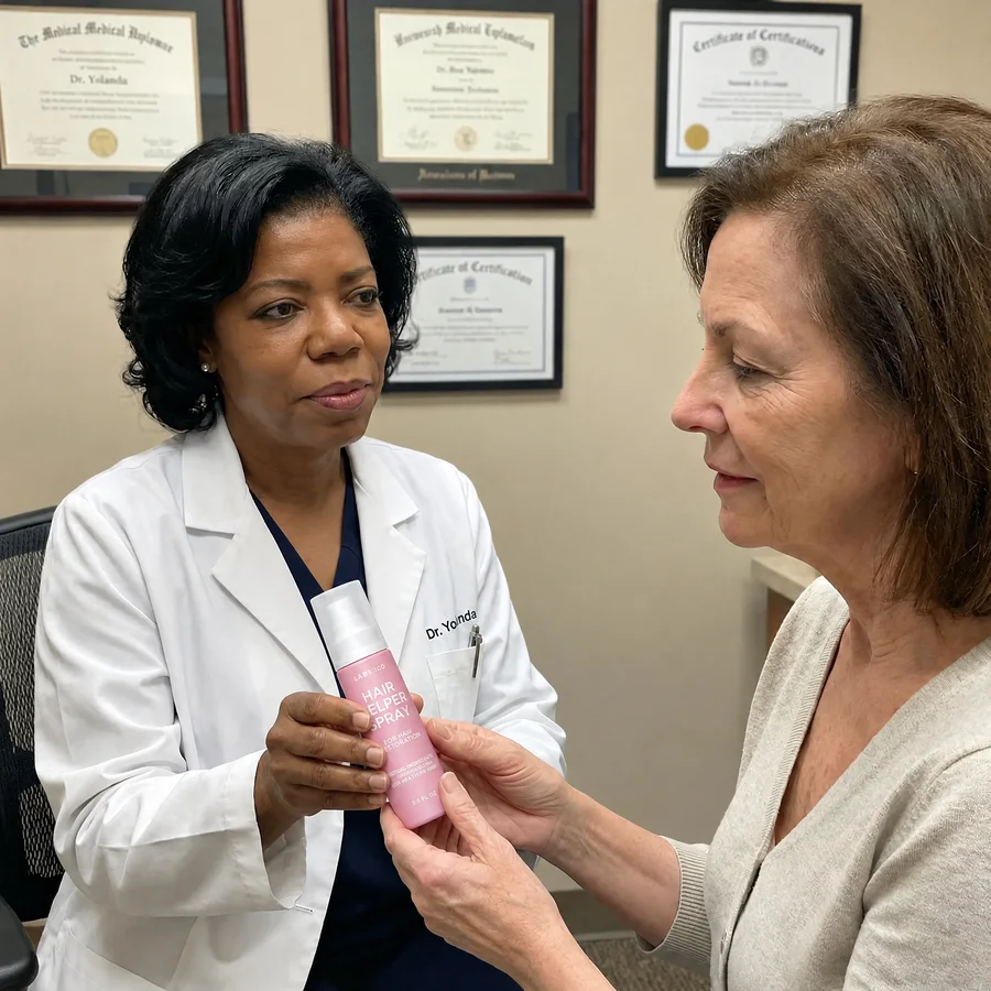 Dr. Yolanda Holmes, MD, talking with a patient in her exam room while holding Hair Helper Spray