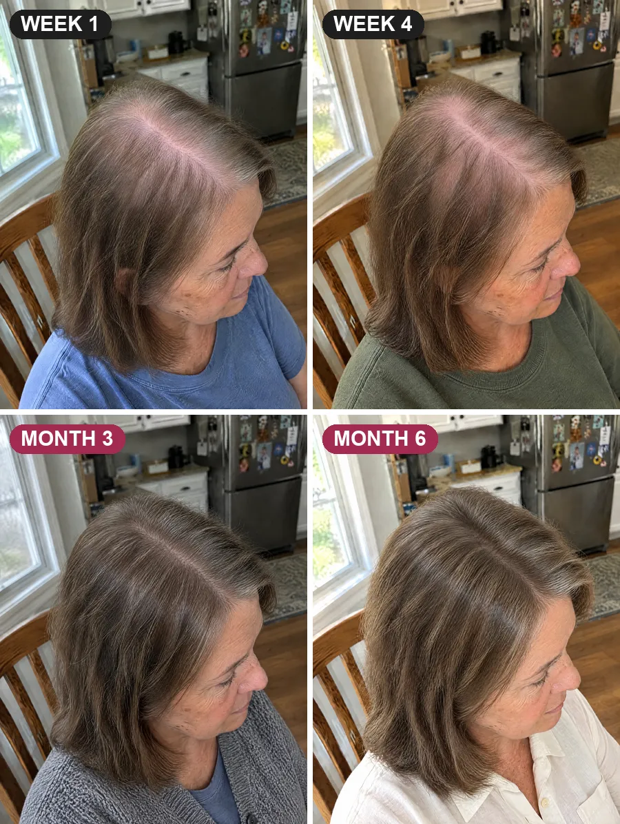 The same woman in the same kitchen chair at week 1, week 4, month 3 and month 6: her part fills in over time