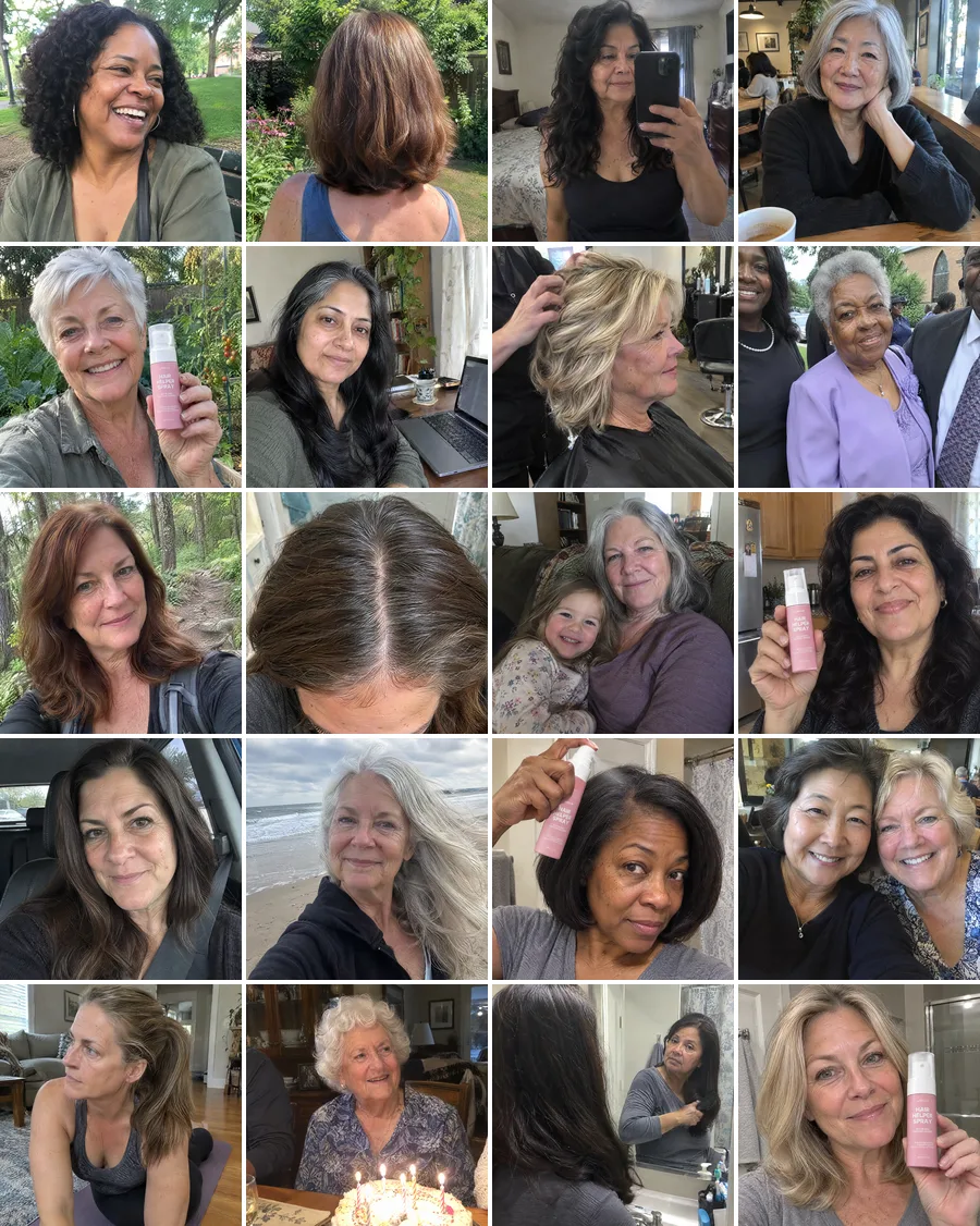 Twenty different women in their 40s to 70s with healthy-looking hair, a few with their bottle of Hair Helper